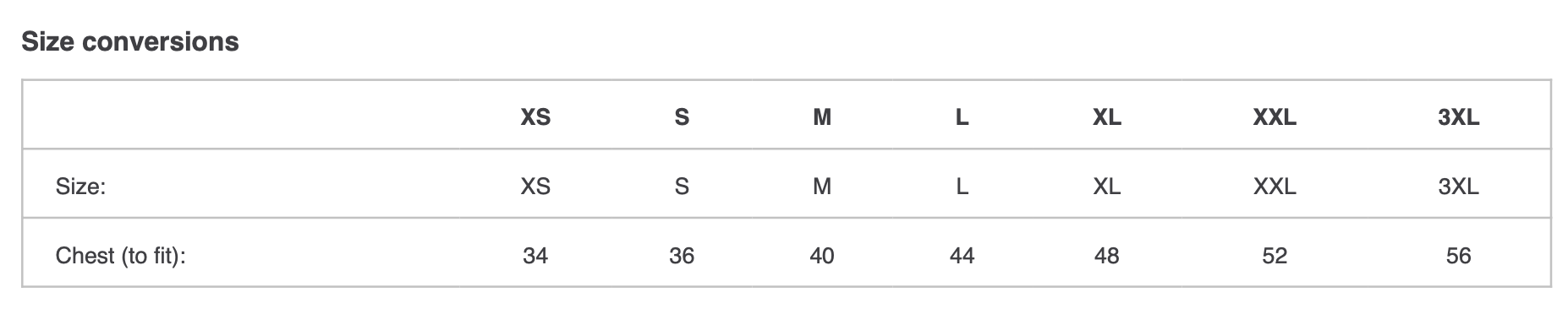 Product size chart