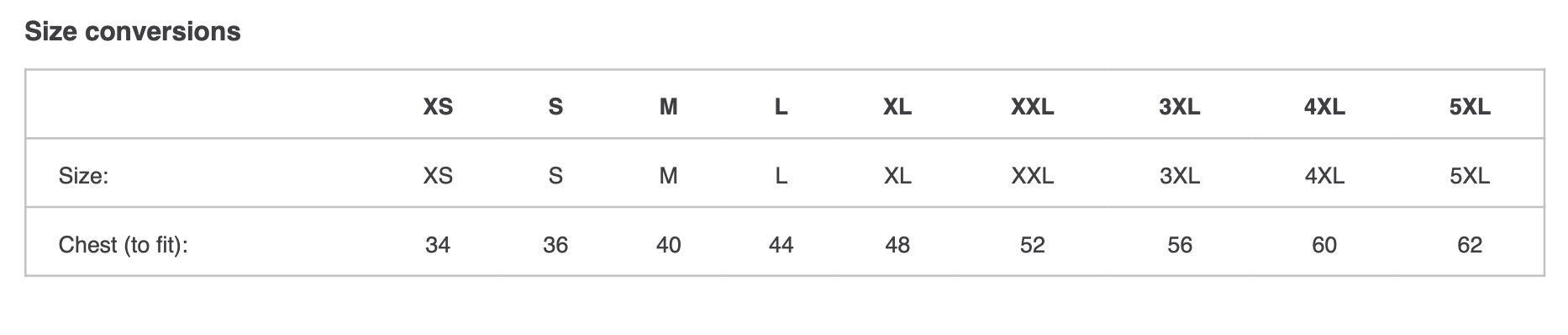 Product size chart