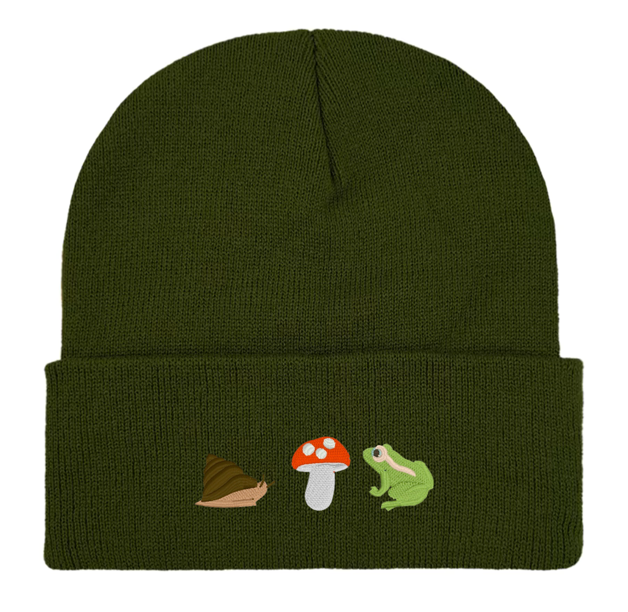 Frog, Snail, Mushroom Embroidered Beanie Hat